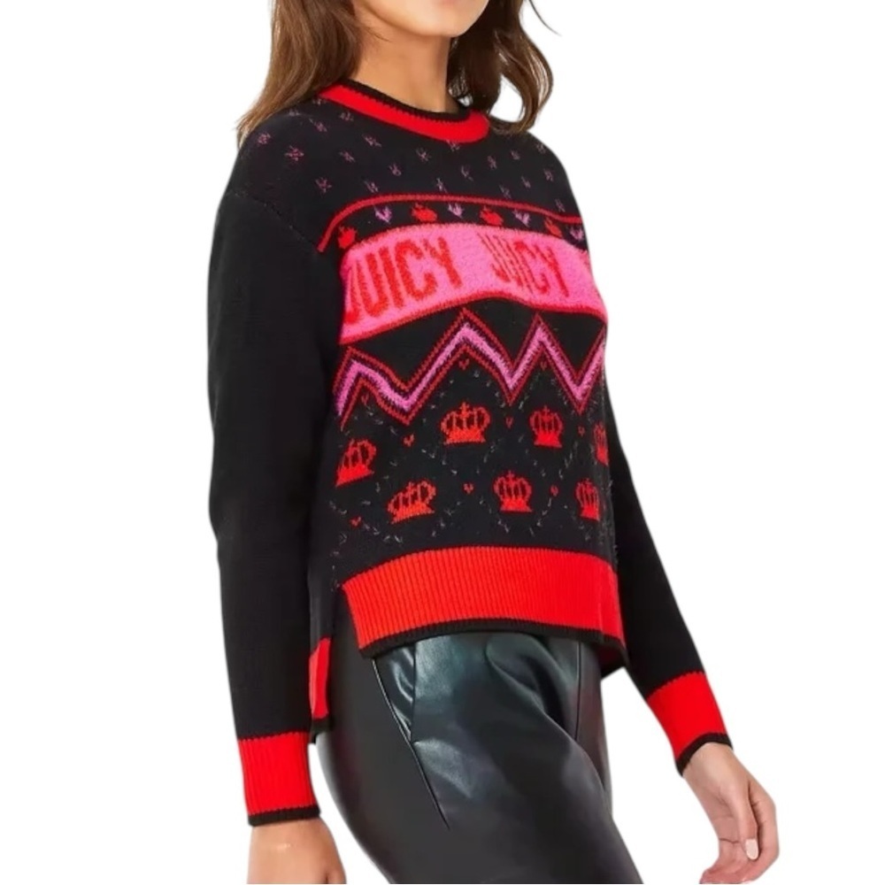 JUICY by Juicy Couture Fair Isle Crown Heart Red Pink Black Sweater Size Small - Picture 7 of 7